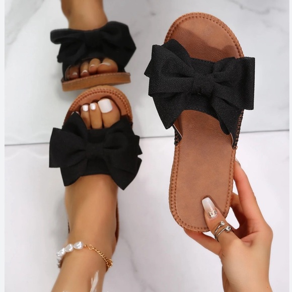 VERDUSA • Open Toe Flat Black Bow Knot Sandals Slides 🌺 - Picture 4 of 7
